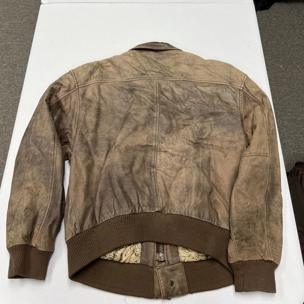 G-III Leather Flight Jacket Mens S Brown Distressed Map Lining Bomber E2
